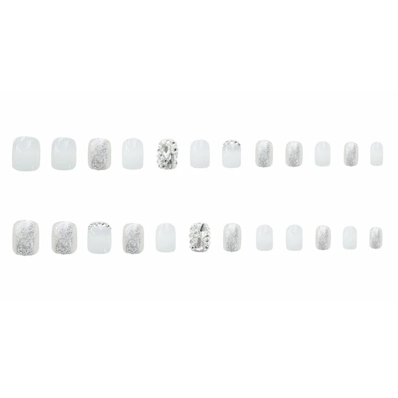 24pcs artificial nails with glue squoval mid-length White Diamonds and Nail Sticker Finished fake nails press on with designs DL-Nail Inspo