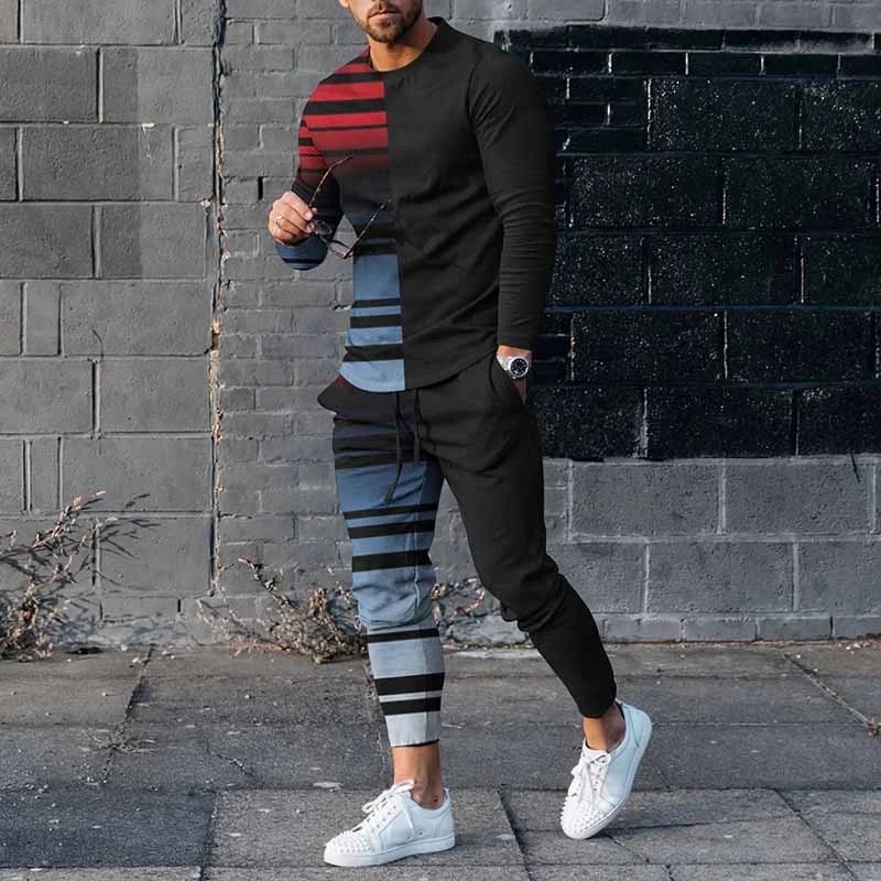 Men's Line Color Blocking Casual Long Sleeve T-Shirt And Pants Co-Ord