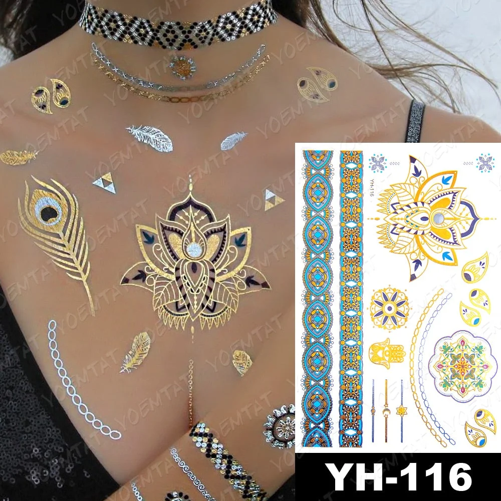 Waterproof Temporary Tattoo Sticker Gold Silver Henna Indian Hand Painted Glitter Tattoos Women Mandala Flower Feather Body Art