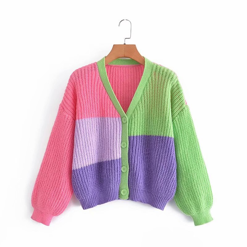 Women Colorful Patchwork Button Knitted Cardigan