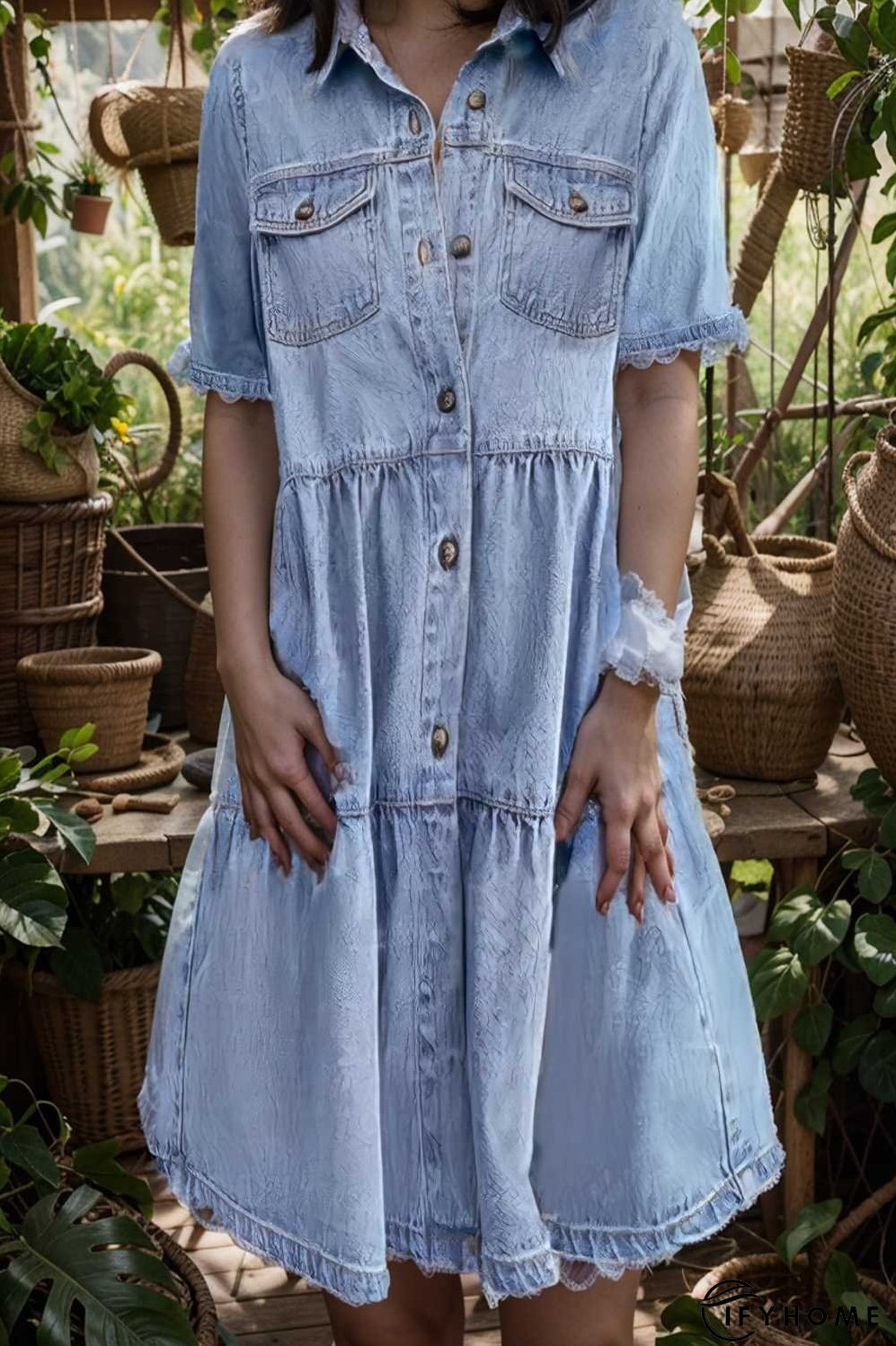 down loose short sleeve denim jean dress drop shoulder a line paneled peasant closed bateau v neck dress | IFYHOME