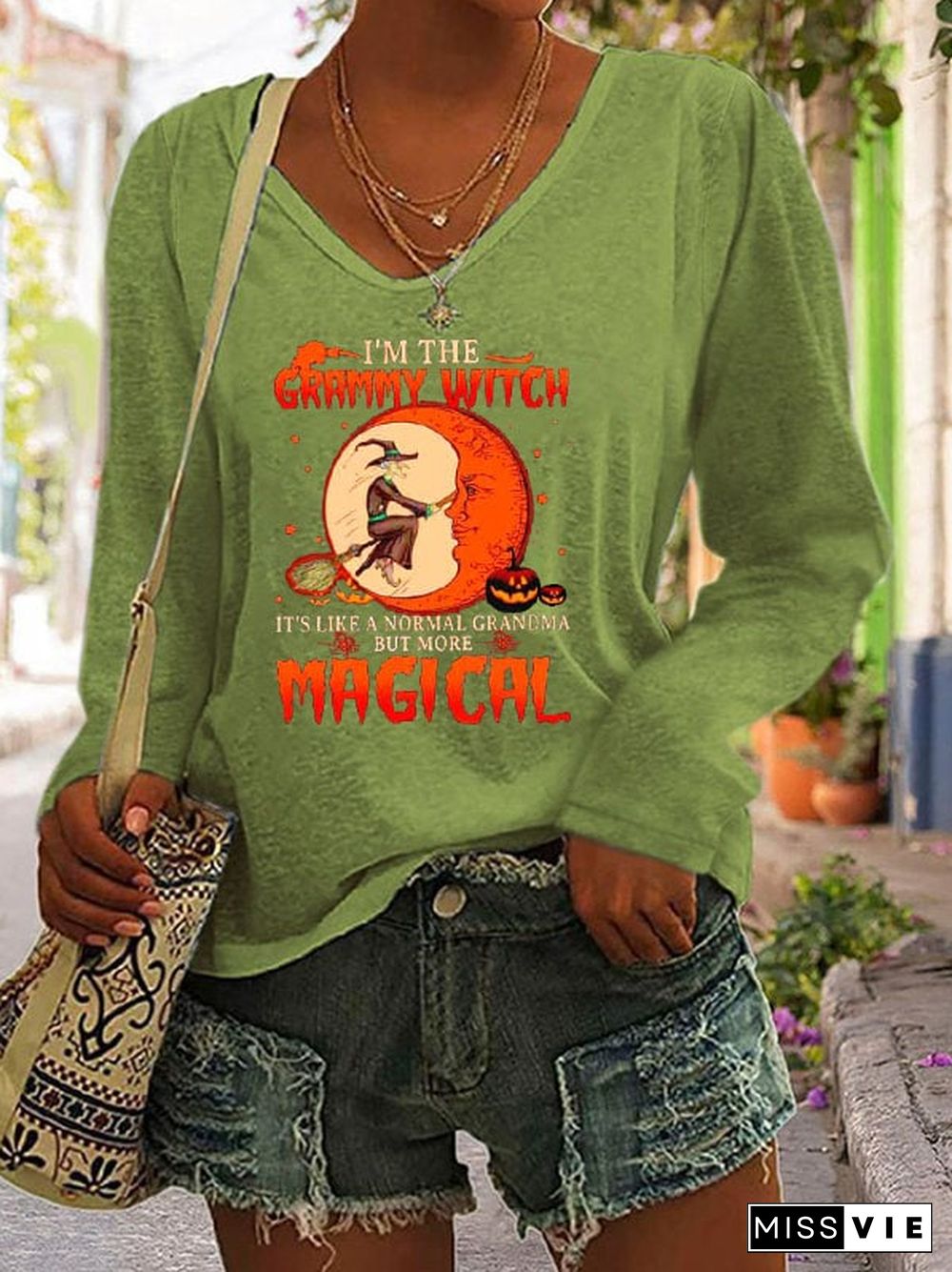 Women's I'm the Grammy Witch Print V-Neck Long Sleeve Top