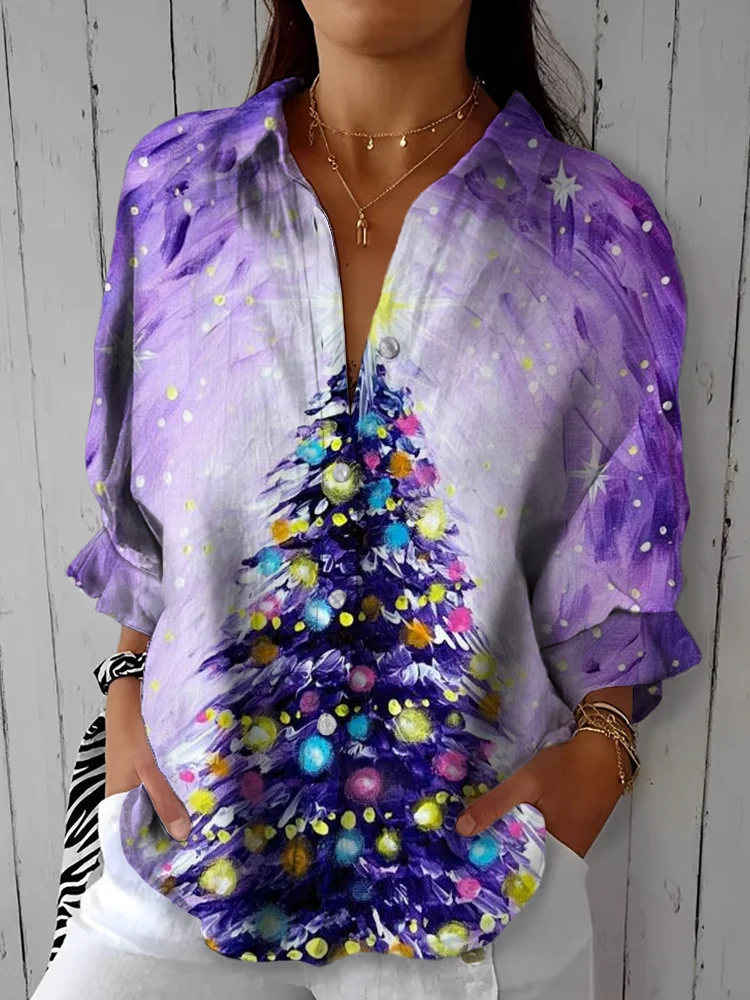 Red And White Christmas Tree Print Lantern Sleeve Shirt