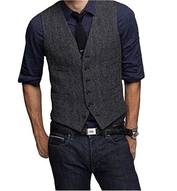 Men‘s Suit Vest Brown Black Herringbone Tweed Waistcoat Jacket Slim Fit Formal Business Groomman Clothing For Wedding Vests
