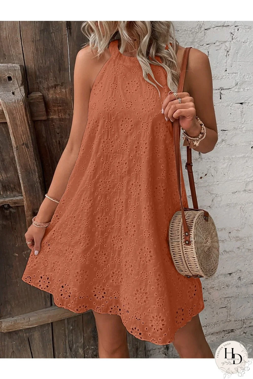 Eyelet Grecian Neck Mini Dress