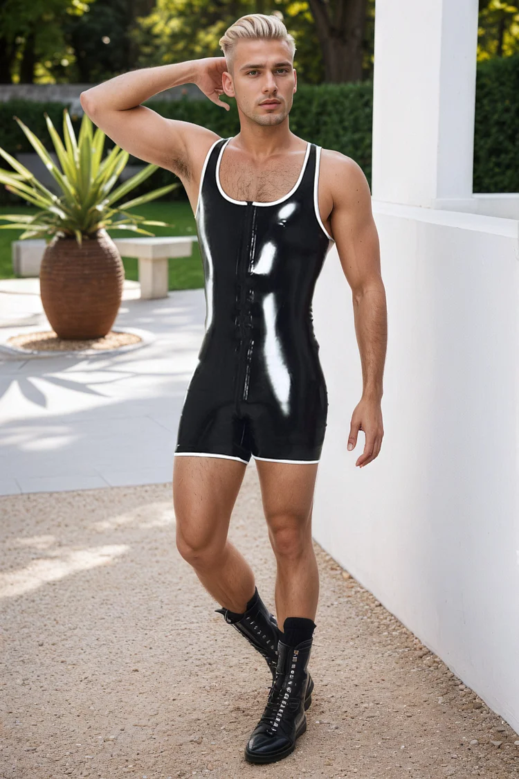 Men Latex Bodysuits Short-Legged Contrast