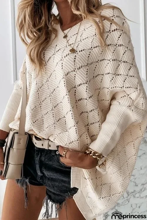 Hollow Out Batwing Sleeve V Neck Sweater