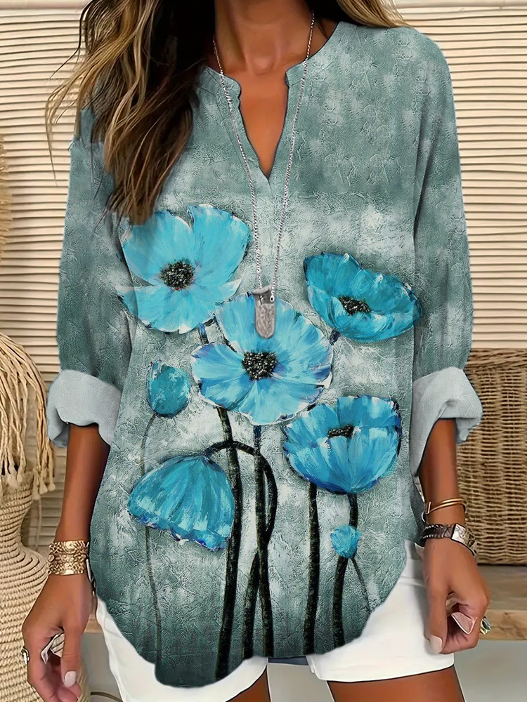 Comstylish Floral Oil Painting Art Linen V-Neck Shirt