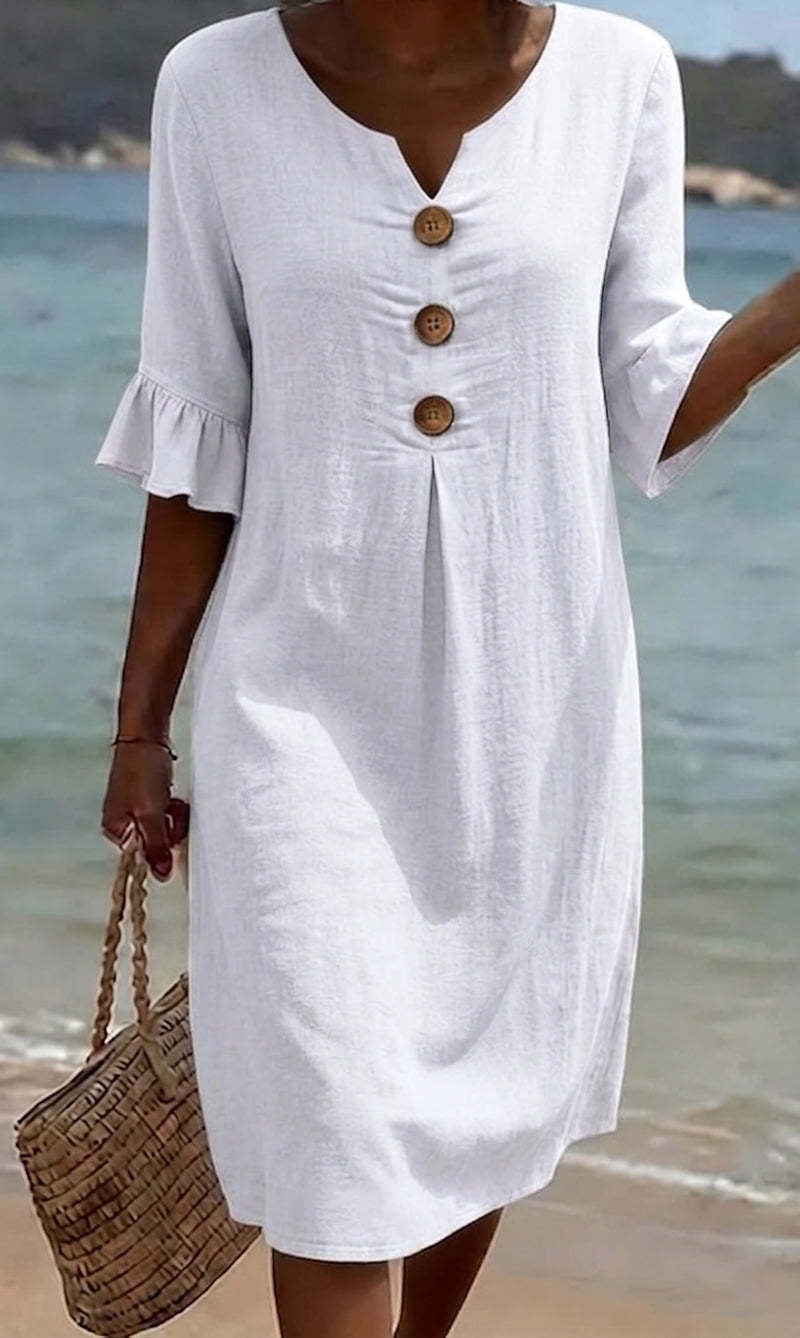 👗Women's Solid-Color Cotton Dress with Buttons and Ruffled Sleeves