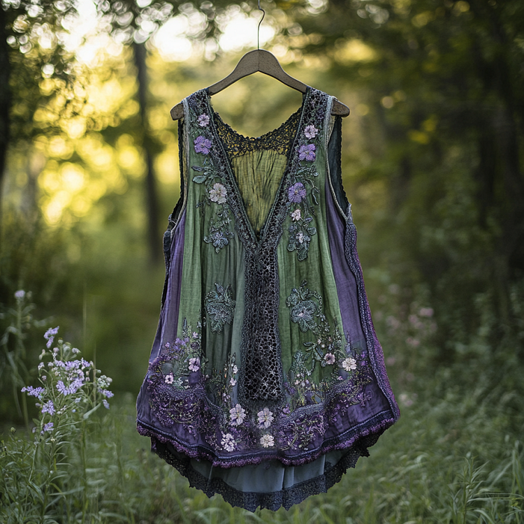 VChics Boho Lavender Lace Art Linen Lace Patchwork Art Sleeveless Tank Top
