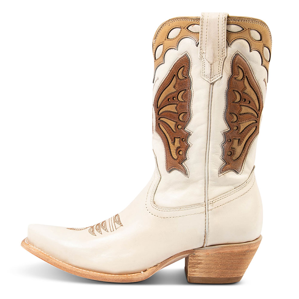 White & Tan Snip Toe Chunky Heel Cowgirl Boots with Butterfly Inlay
