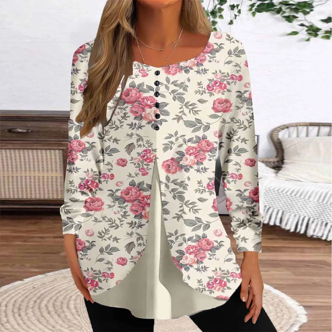 Women Floral,Pink DZGG8390 Long Sleeve Scoop Neck Printed Graphic Button Fake 2in1 Tops
