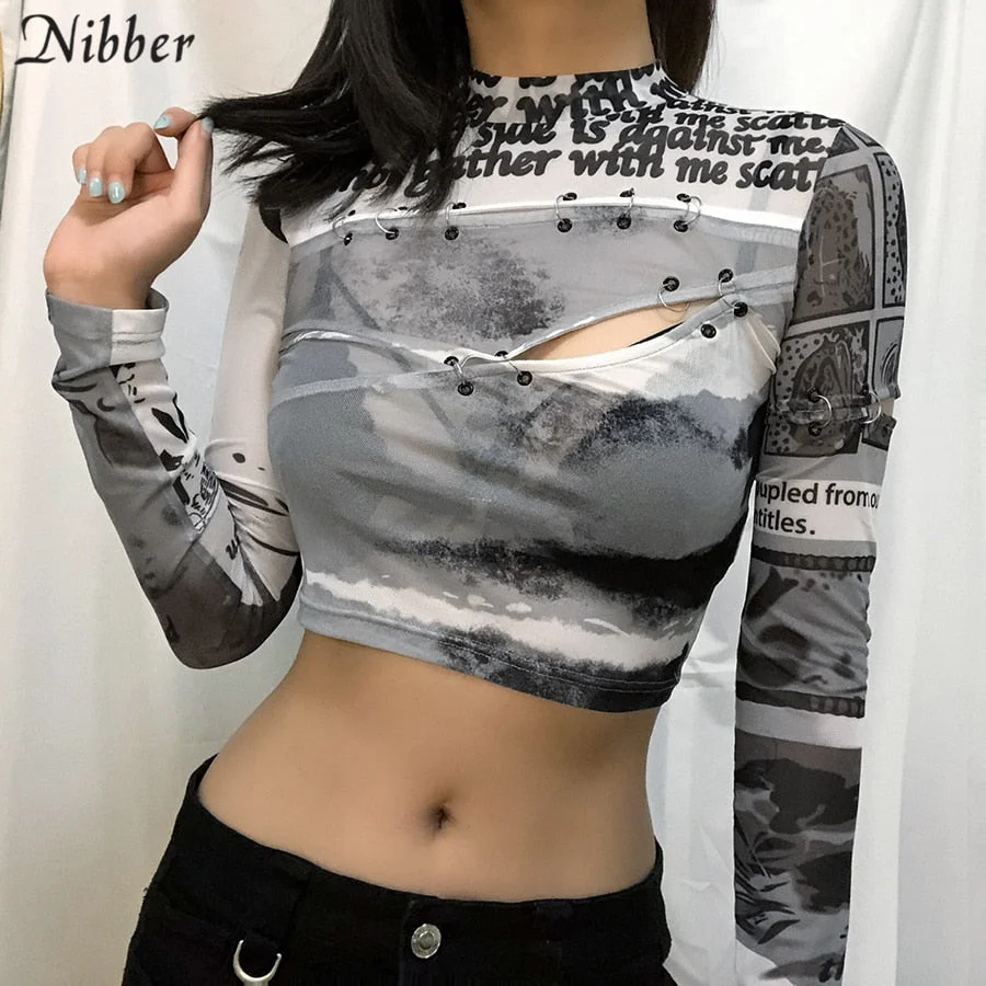 Nibber Casual Pullover Chic Letter Graphic Half High Neck Hollow Crop Top Fall See Through Harajuku Street Y2k Top T-Shirt Women