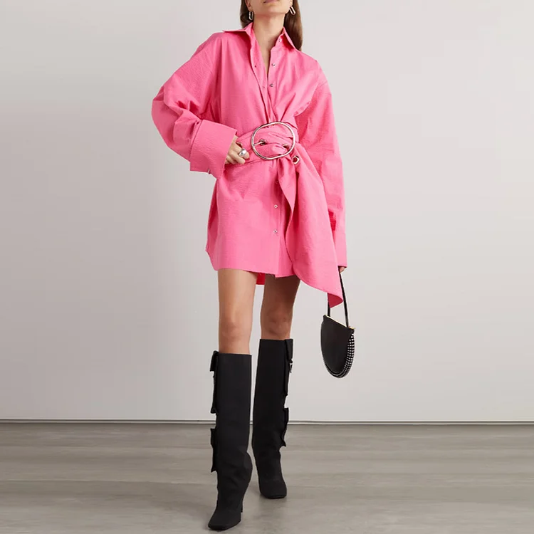 Casual Solid Color Metal Button Mini Dress - yankia