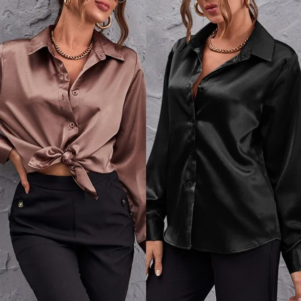 Autumn Women Long Sleeve Shirt Satin Silk Lapel Collar Elegant Casual Office Blouse Plus Size Tops Blusas