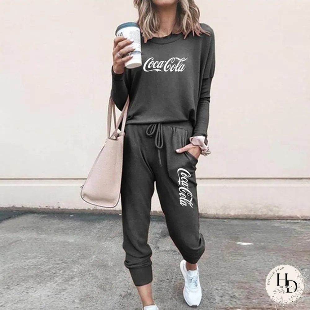 Spring and Autumn Women Jogging Suits Coca Cola Fashion Printed Two Pieces Sports Tops