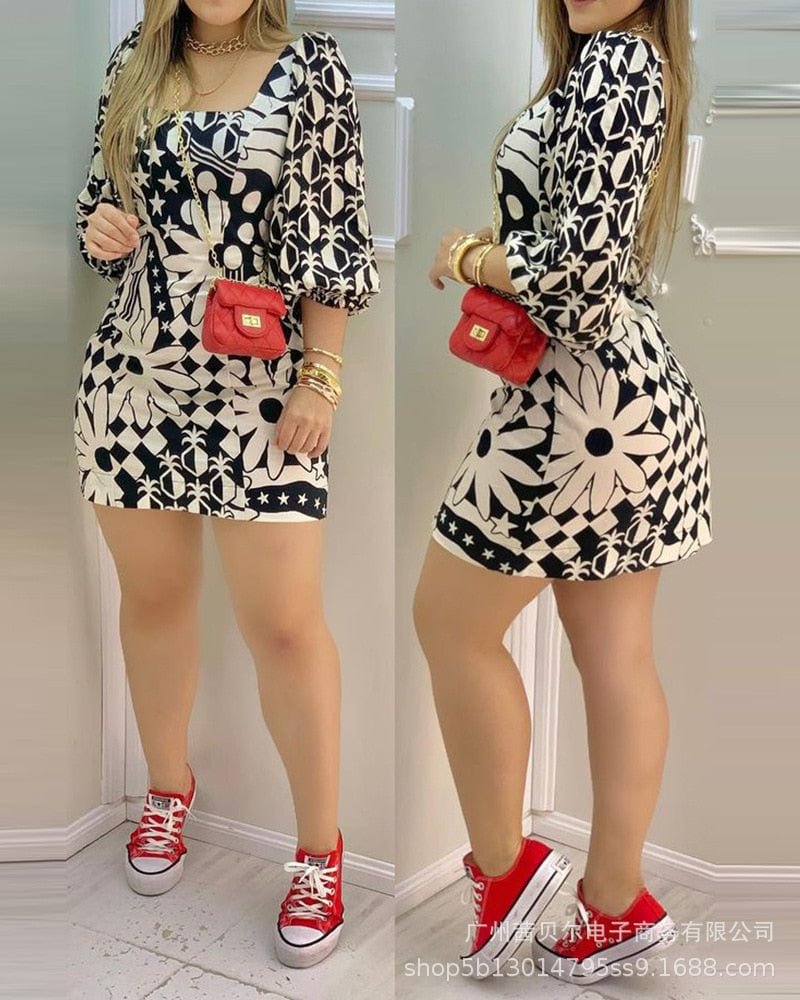 2021 European and American new women's black printed square neck dress