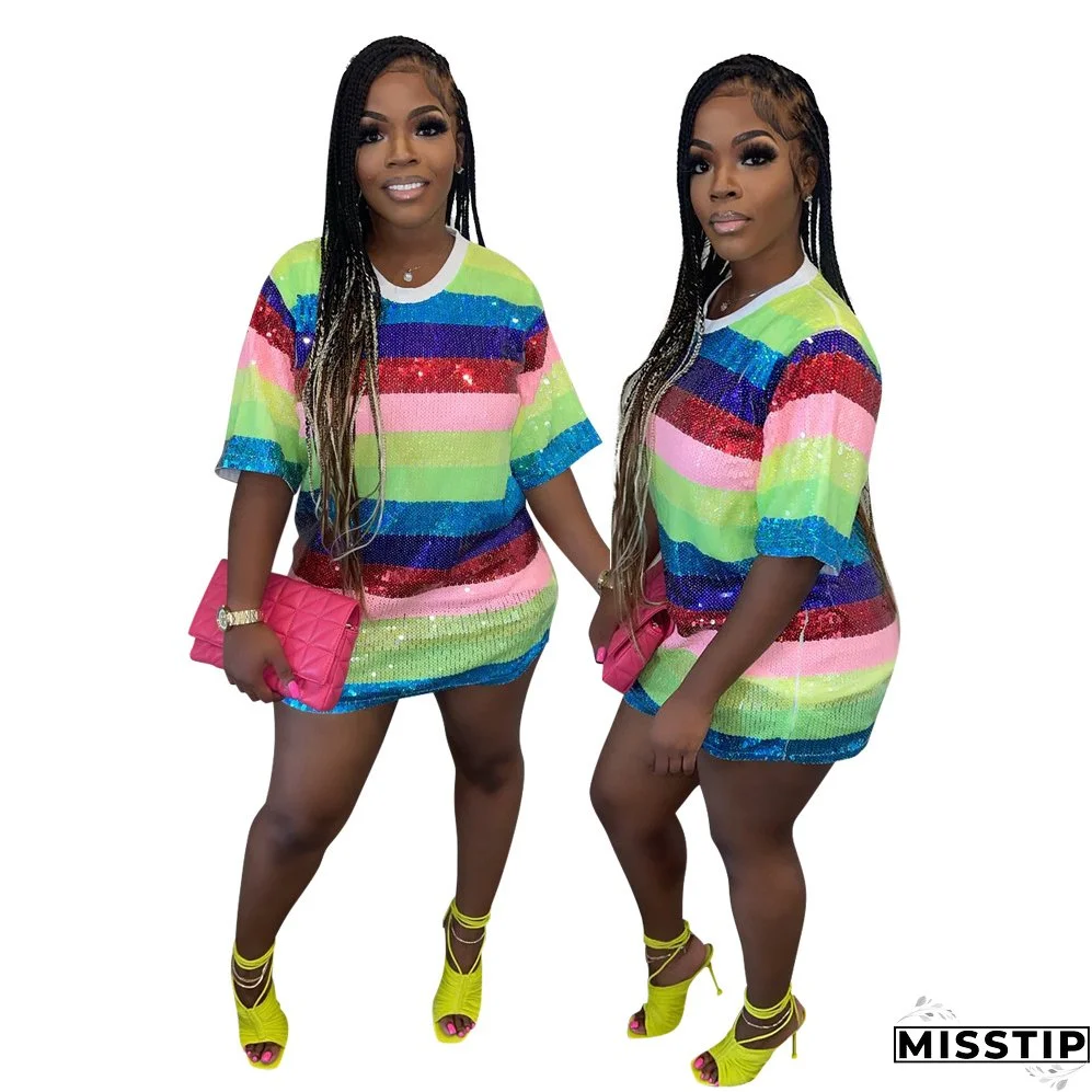 Trendy Round Neck Half Sleeve Loose Sequin Print Party Sequined Nightclub Style Women's Dress