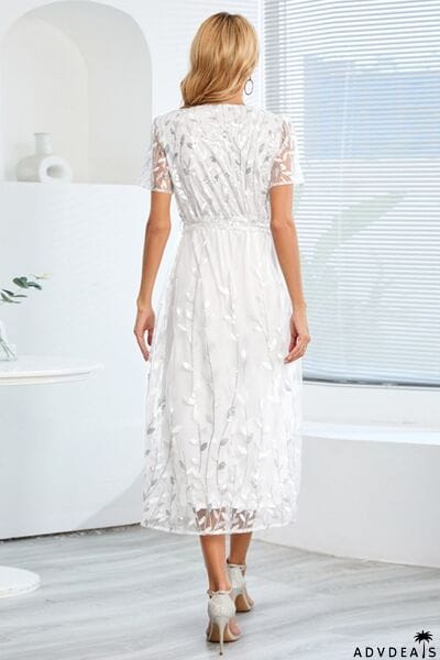 Sequin Leaf Embroidery Tie Front Short Sleeve Dress