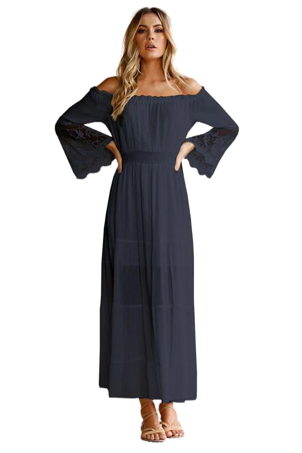 Women Blue Navy Off Shoulder Embroidered Flared Sleeve Lace Maxi Dress
