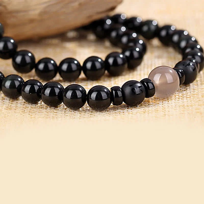 Black Obsidian Dzi Bead Tiger Eye Agate Healing 108 Beads Mala Bracelet