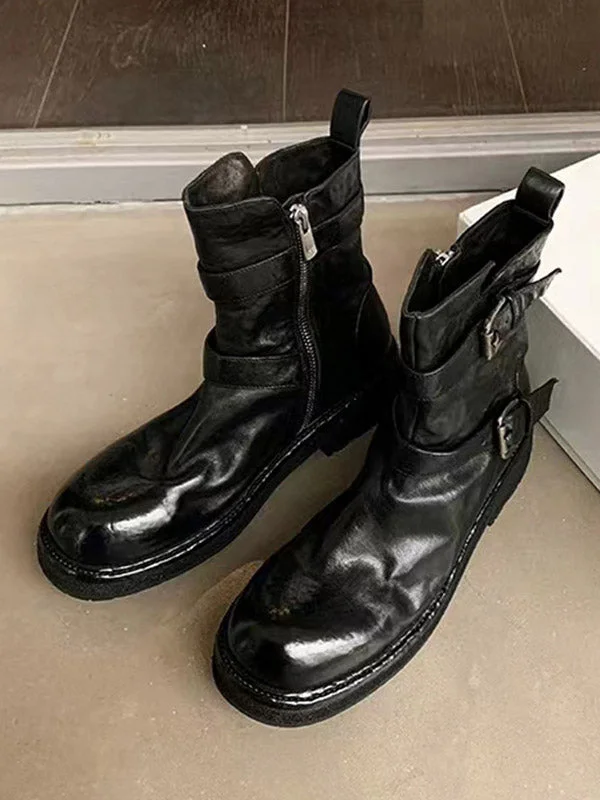Belt Buckle Round-Toe Split-Joint Zipper Boots