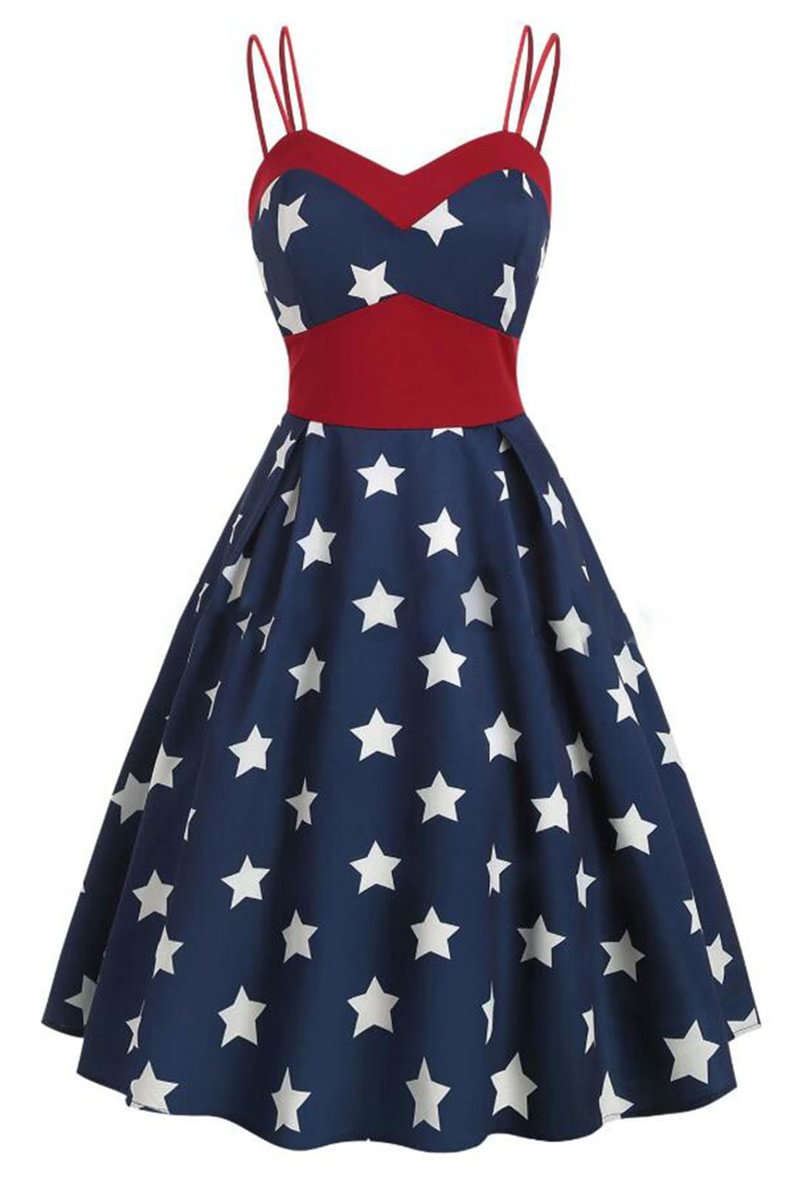 1950s Retro Cami Stars Print Patchwork Midi Dresses