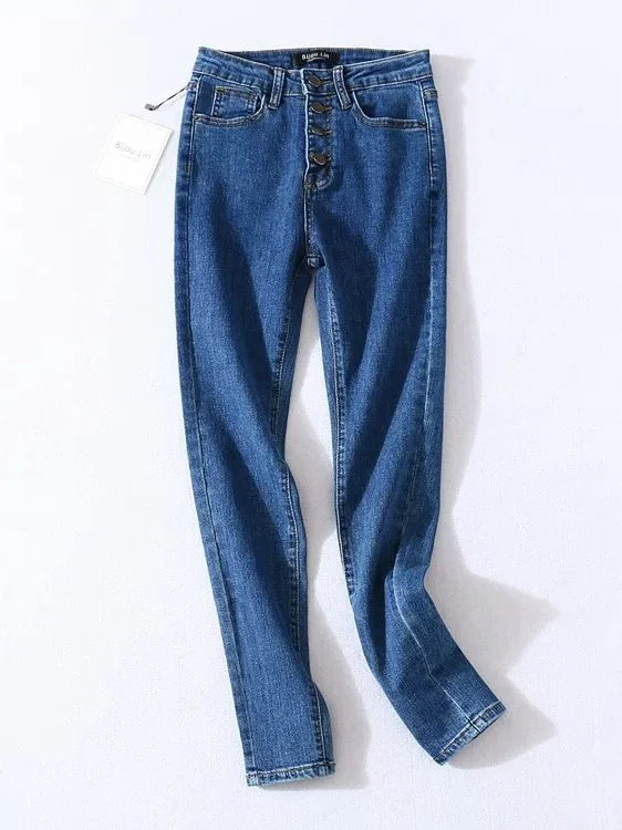 Budgetg Skinny Four Buttons High Waist Pencil Jeans Women Slim Fit Stretch Denim Pants Full Length Denim Tight Trousers