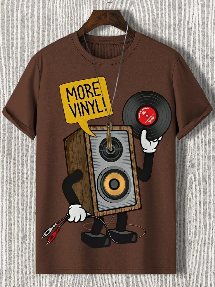 Men's Retro More Vinyl Records And Speakers Print Cotton Casual T-Shirt