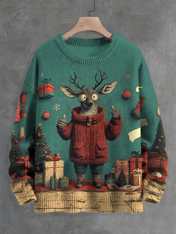Men's Christmas Reindeer And Gifts Photo Shoot Print Knit Sweatshirt