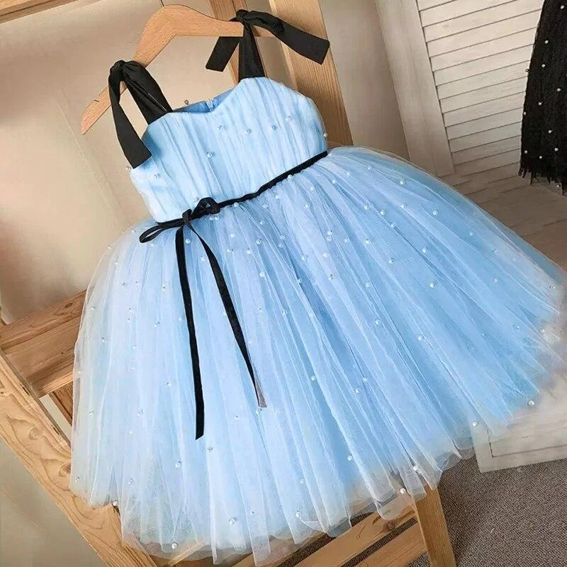 Summer Girl Tulle Dress Princess Party Tutu Fluffy Pearl Dress Kids Wedding Evening Gown Children Clothing Baby Clothes Vestidos