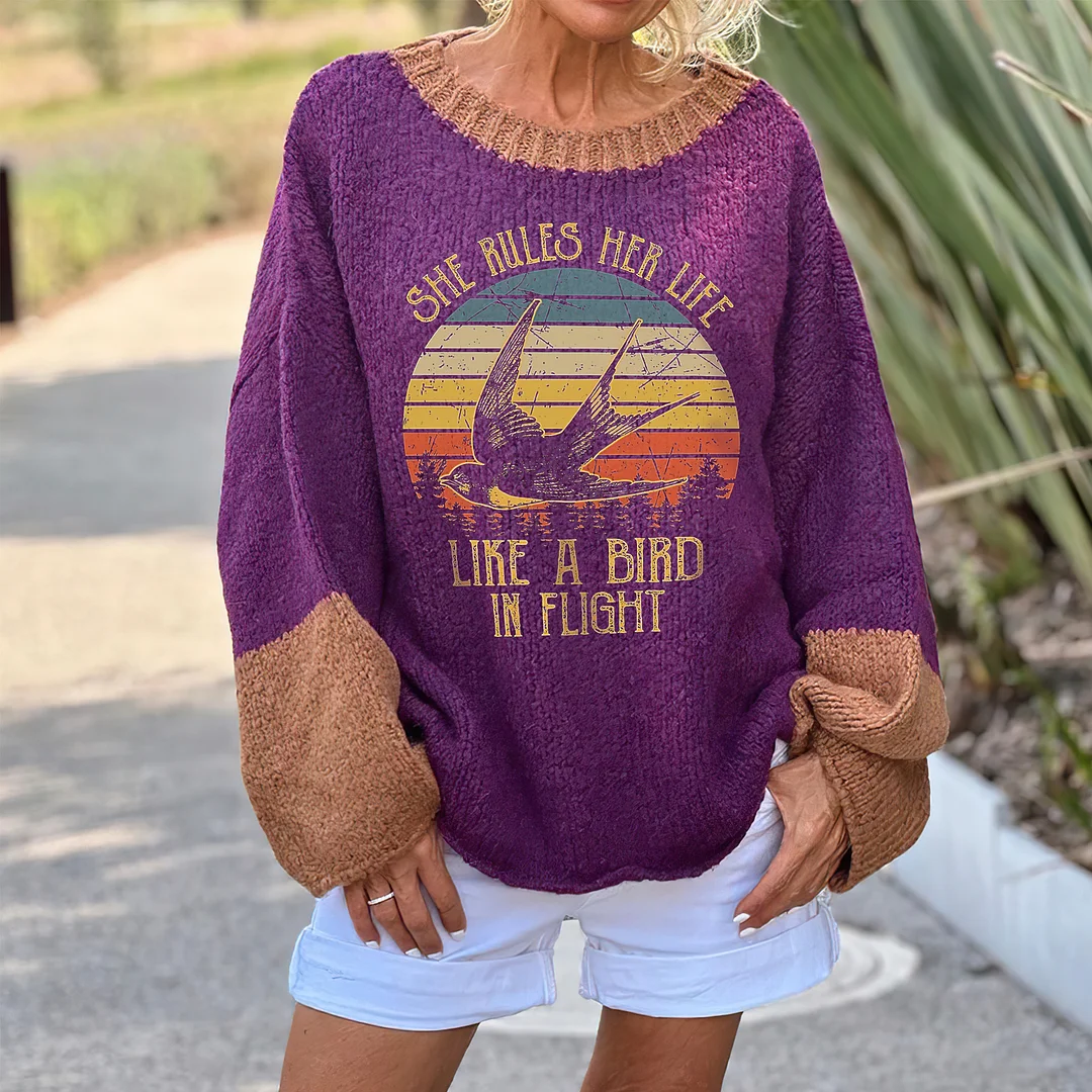 She Rules Her Life Like A Bird In Flight Printed Women's Loose Sweater