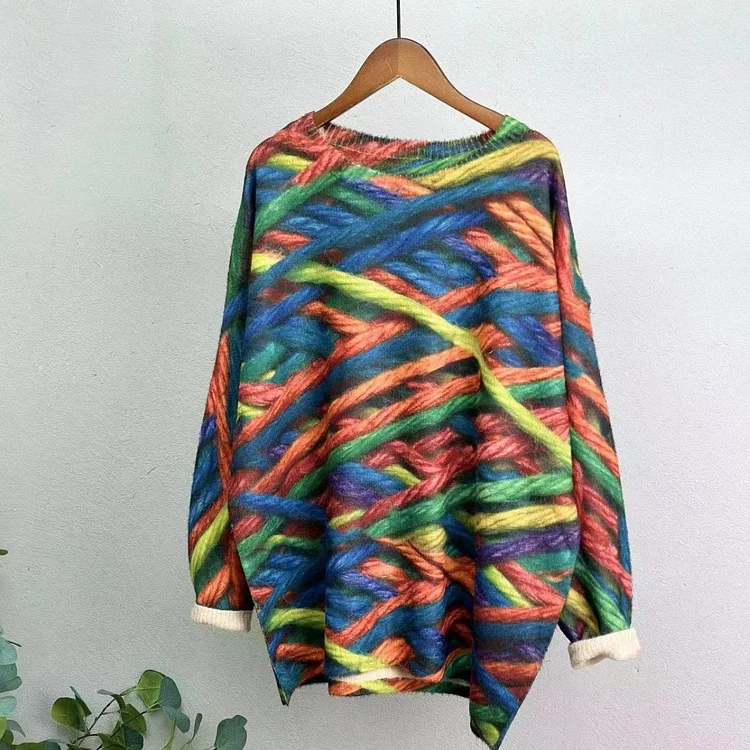 Plus Size Women Vintage Printed O Neck Long Sleeve Sweater socialshop
