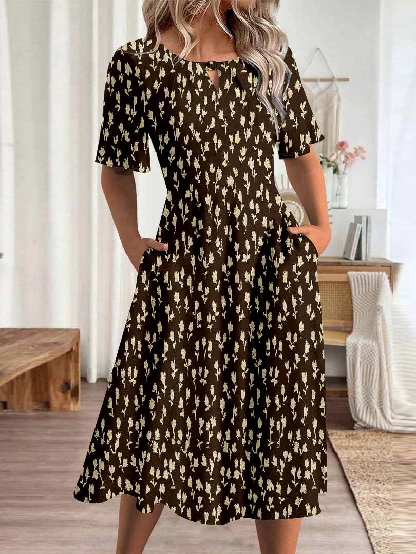 Women Floral,Brown DZHA8082 Short Sleeve Scoop Neck Graphic Printed Hollow Midi Dress