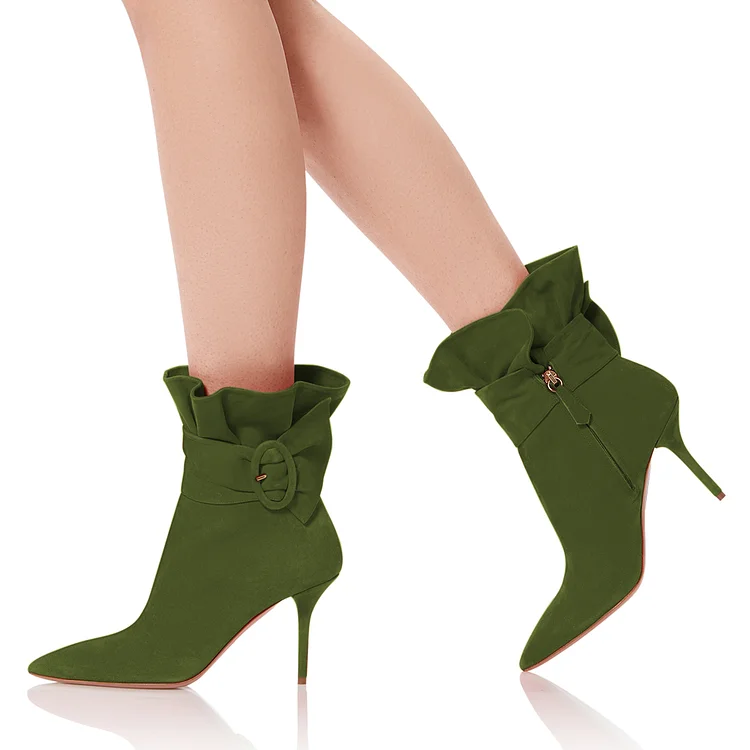 Green Ruffled Booties Pointed Toe Stiletto Heel Ankle Boots for Women |FSJ Shoes