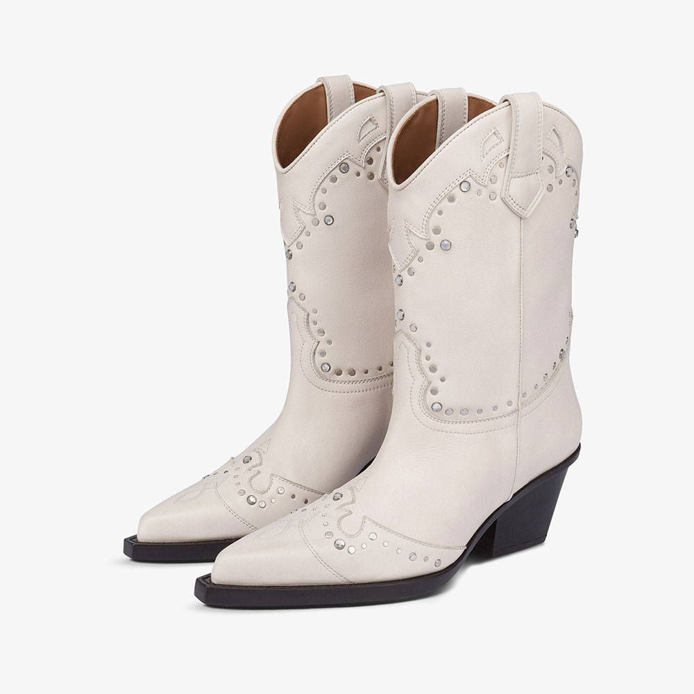 Ivory Studded Pointed Toe Chunky Heel Pull Tab Ankle Boots for Women Nicepairs