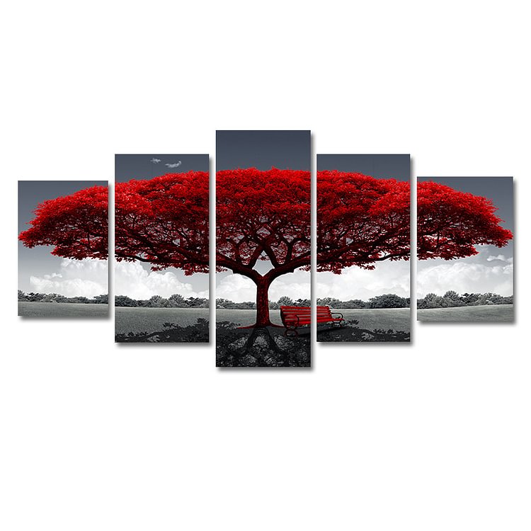 Red Big Tree and Sunset Tree Pentatych Canvas Oil Painting Living Room Decoration Painting