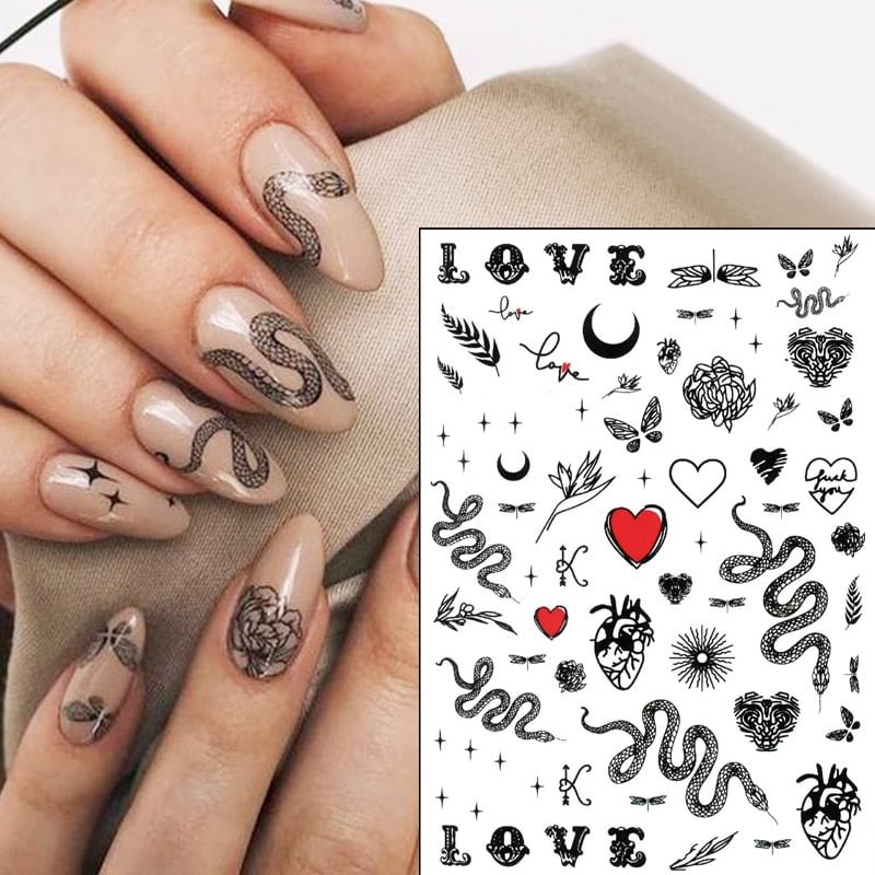 Black Colorful Snake Designs 3D Nail Stickers Sexy Geometric Lepard Nail Decals DIY Nail Art Decorarion