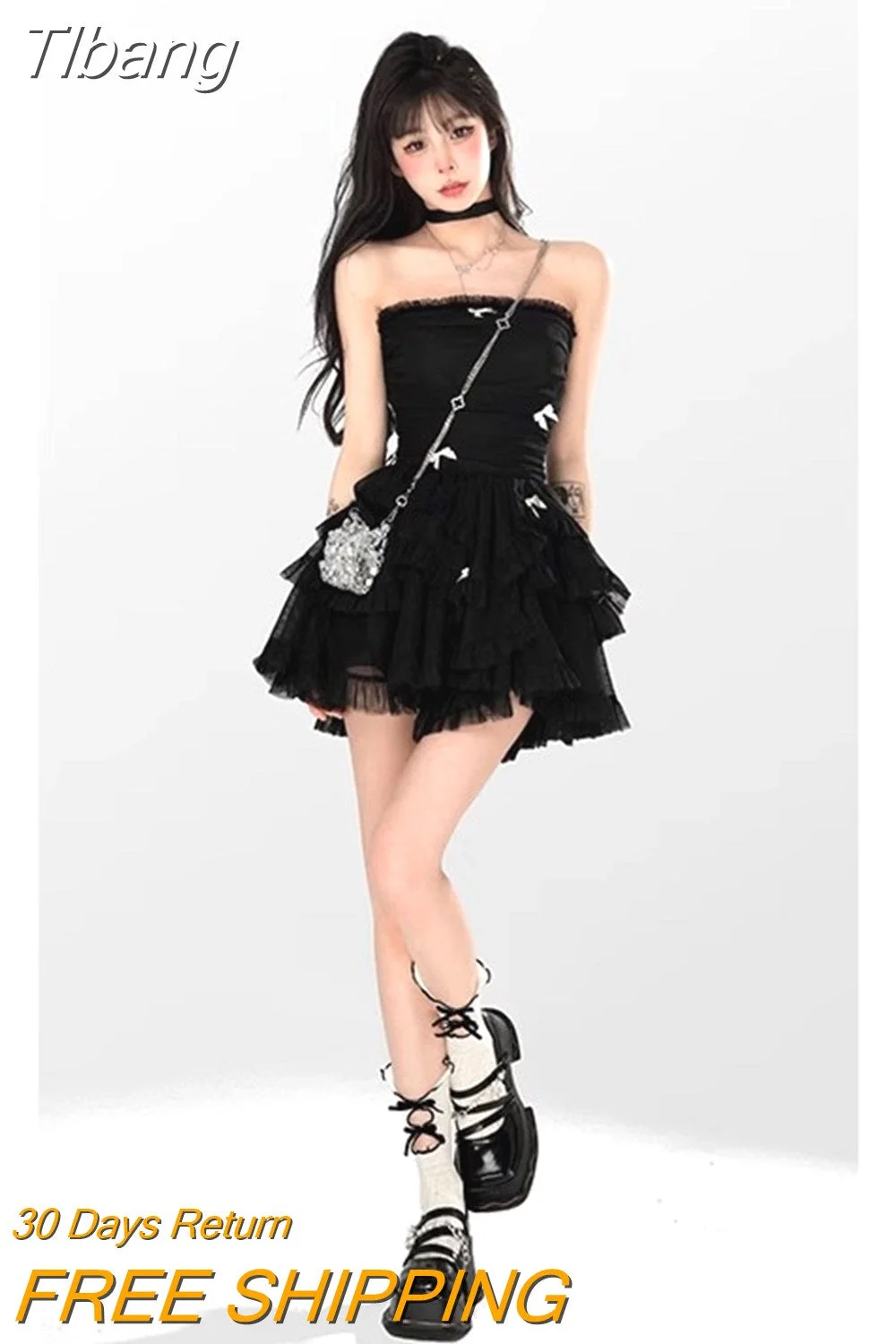 Tlbang Y2k Black Mini Dress for Women 2023 New Summer Casual Tulle Bralette Sleeveless Lolita Birthday Cake Puff Female Clothes