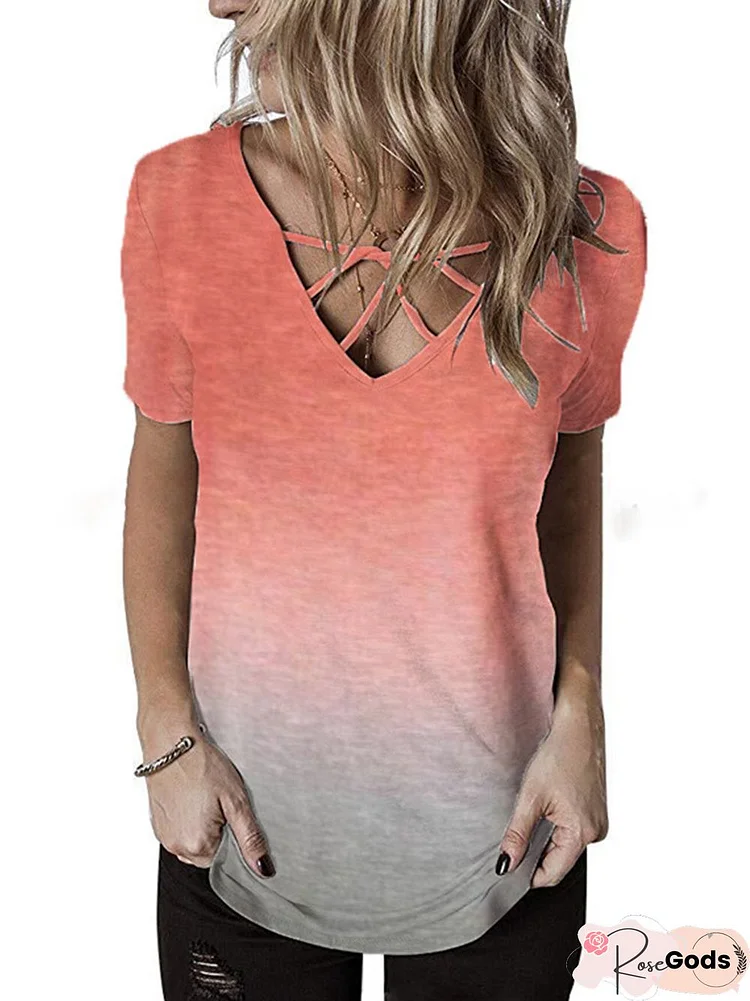 Cotton Ombre/Tie-Dye Casual T-Shirt