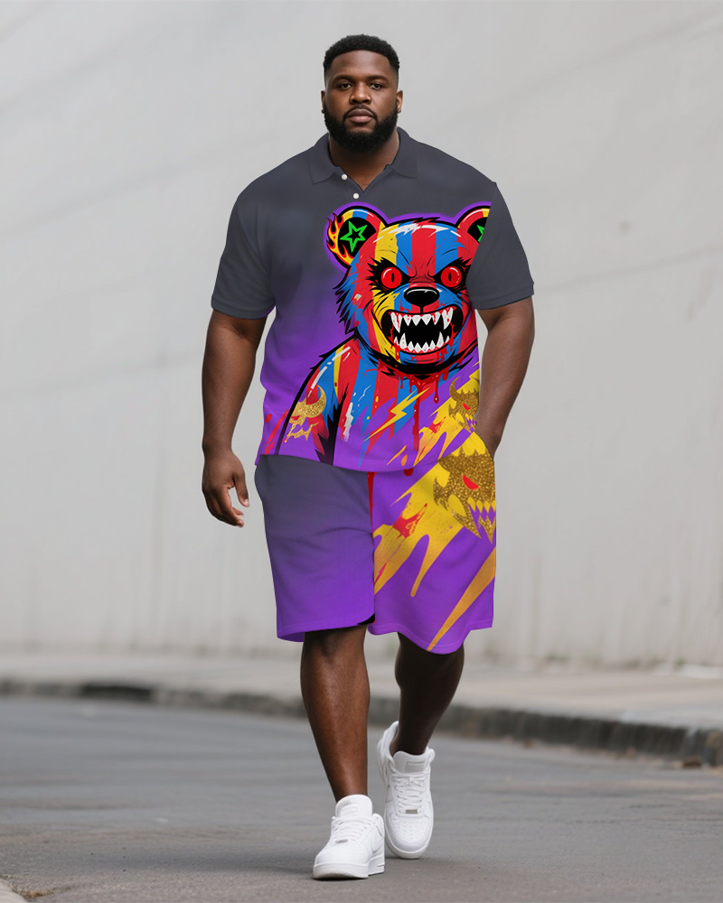 Big Men's Simple Stripe Bear Printed Streetwear Short-Sleeve Polo Shirt Shorts Set