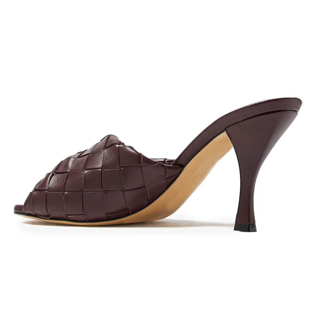 Maroon Spool Heel Woven Strappy Open Round Toe Mules for Women