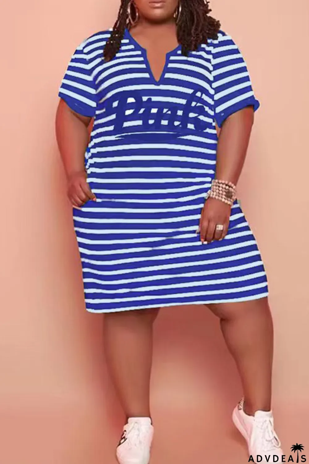Red Casual Striped Print Patchwork V Neck Straight Plus Size Dresses