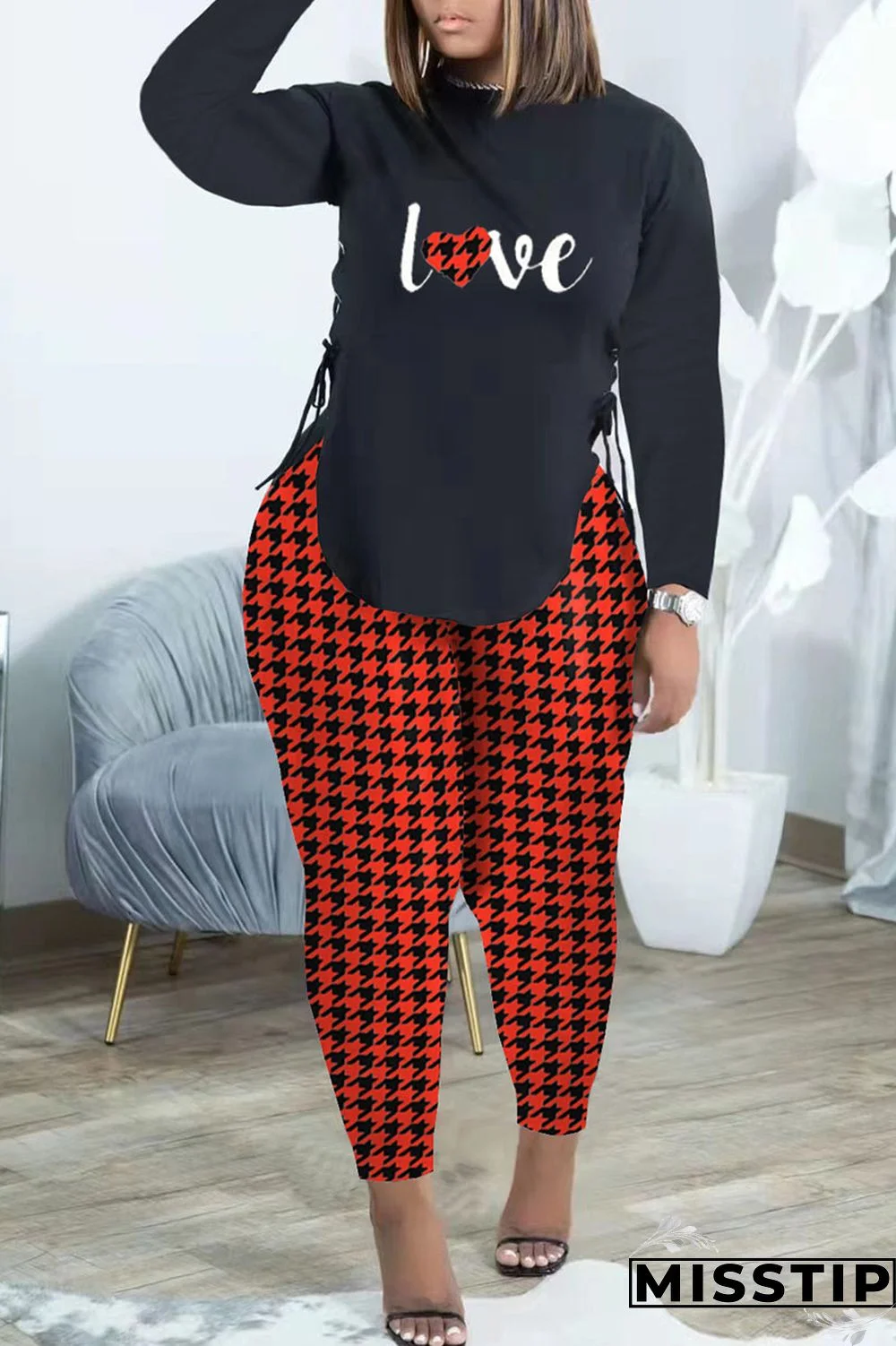 Brown Fashion Casual Print Bandage Patchwork O Neck Long Sleeve Two Pieces