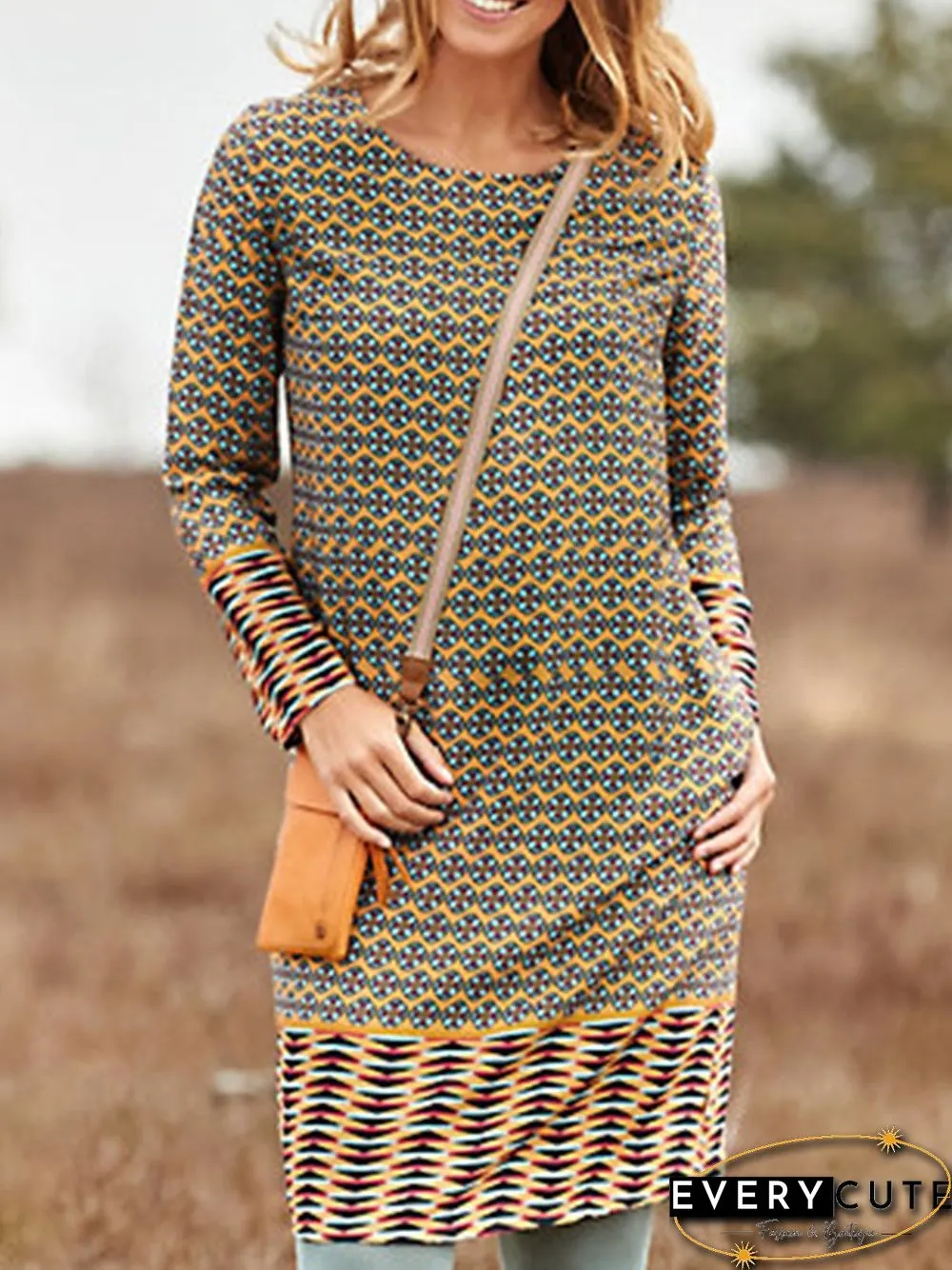 Vintage Floral Autumn Daily Jersey Midi Long sleeve T-Shirt Dress A-Line Dresses for Women