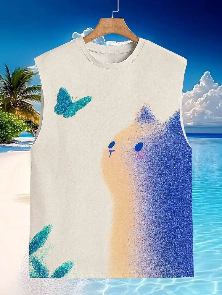 Men's Cat And Butterfly Print Tank Top