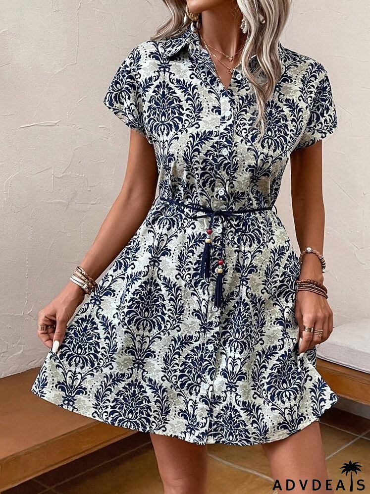 Allover Print Belted Shirt Dress