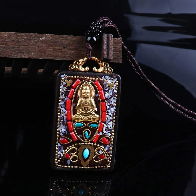 Ebony Wood Elephant Lotus Balance String Necklace Pendant