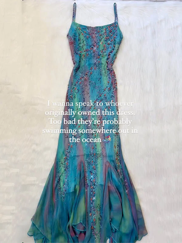 Sequinned Flower Embroidered gradient color Splicing Sleeveless Spaghtti-Neck Evening Maxi Dresses