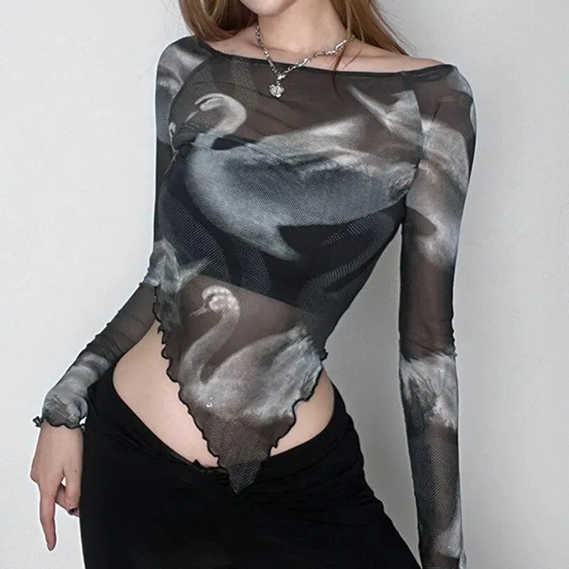 Brownm Graphic Asymmetrical Mesh Top